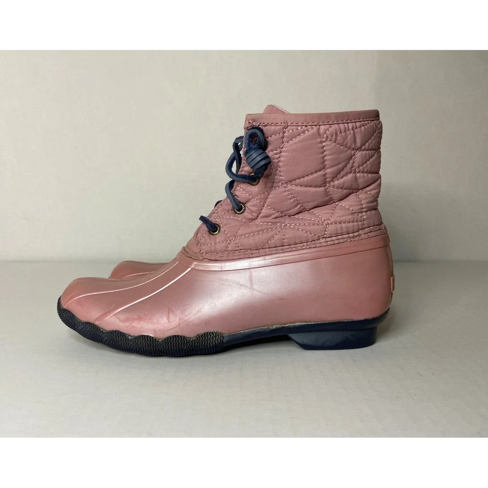 Sperry Saltwater Boots‎ Girls Pink Quilted Waterproof Lace Up Side Zip Size 5M
